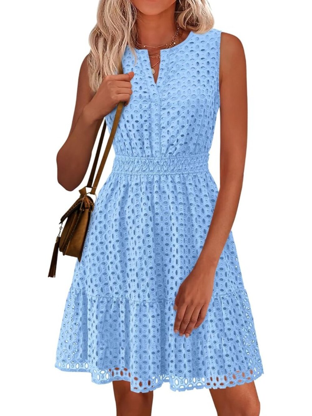 Women's Light Blue Summer Sleeveless V Neck Eyelet Hollow Out Swing Sun Dress